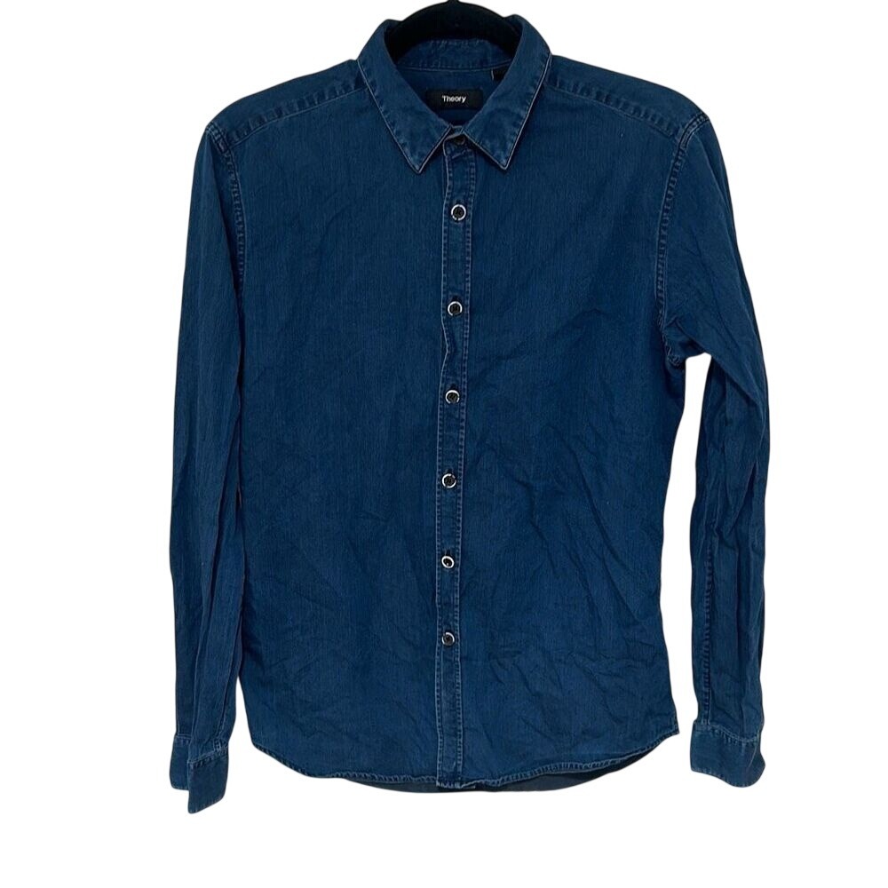 Theory Mens Blue Denim Long Sleeve 100% Cotton Button Up Shirt Size Small